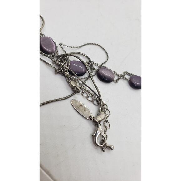 NY Multi Strand Necklace Silver Tone Purple Cat's Eye Beads Statement Layered - Picture 2 of 6